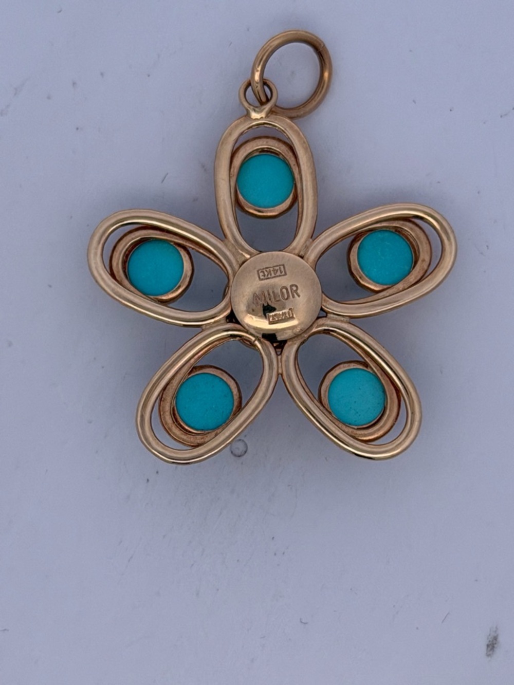 Milor Gold-Tone Floral Pendant with Turquoise Cabochons - Picture 2 of 2